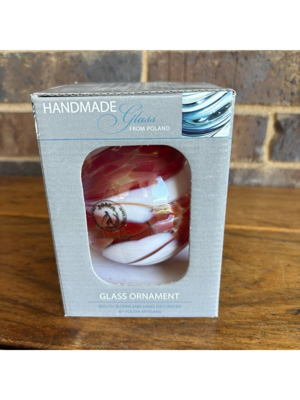 ZORZA Hand Blown Glass Ball Christmas Ornament Iridescent Red White 4” in Box